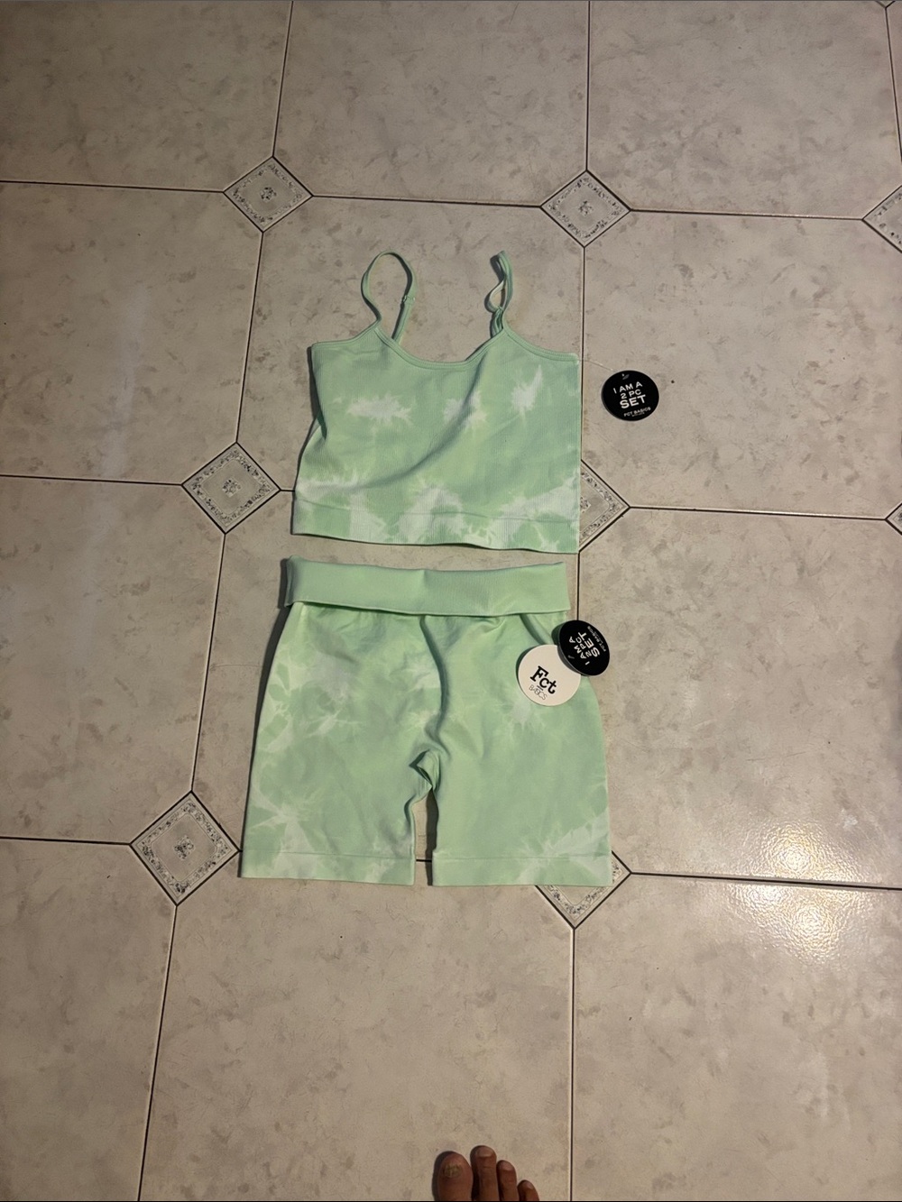 Mint Tie-Dye Bike Shorts Set — Crop Tank & High-Waist Shorts